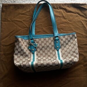 Auth Gucci GG Canvas Teal Leather Tote with Charms